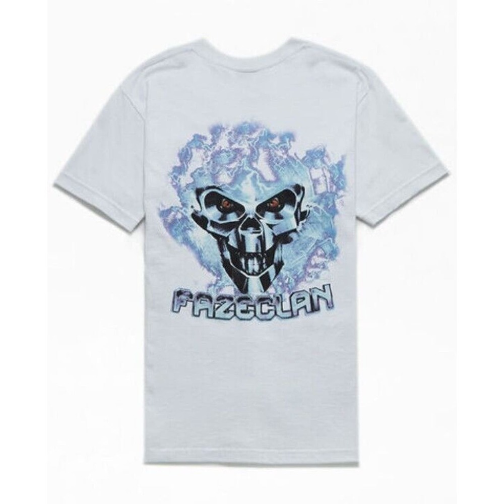 FaZe Clan‎ T Shirt Medium White Skull Robot Print Short Sleeve Cotton Crewneck